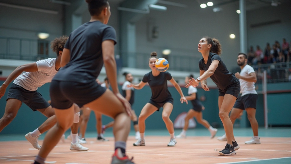 Professional volleyball coach demonstrating proper serving technique to athletes during training session
