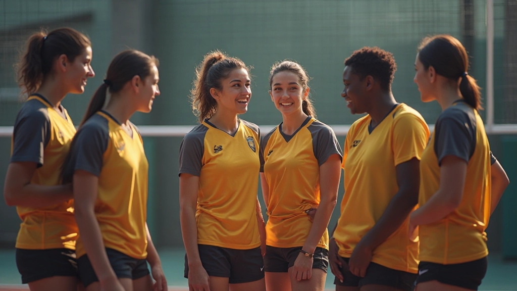 Team of volleyball players collaborating during practice session on indoor court