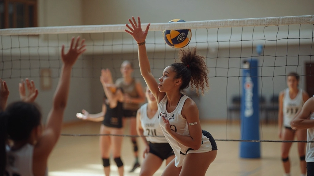 Volleyball setter executing precision setting technique with proper hand positioning and body alignment