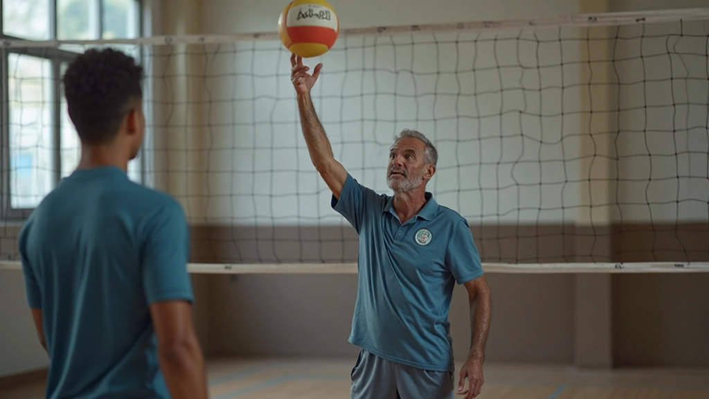 Professional volleyball coach demonstrating proper serving technique to athletes during training session