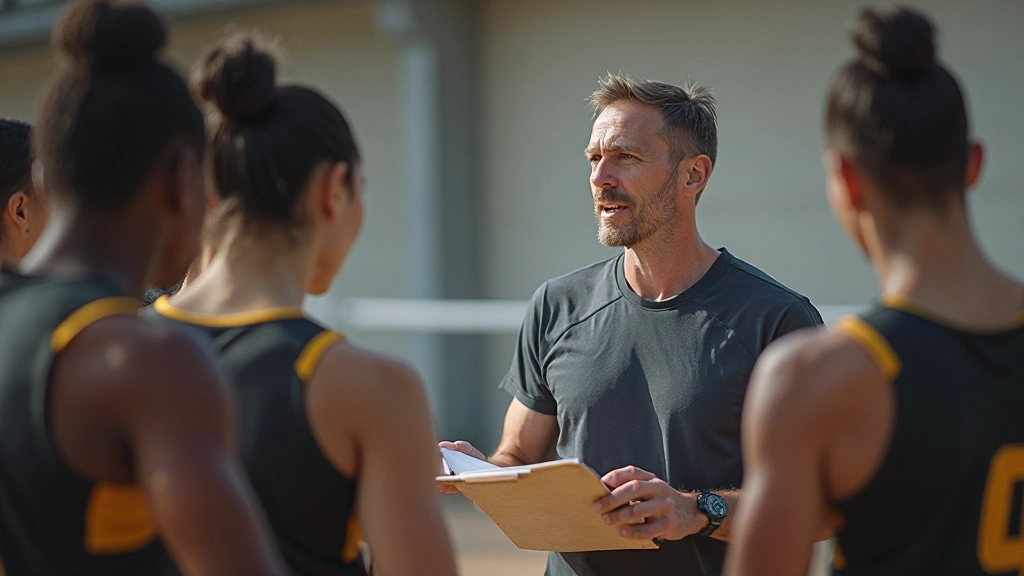 Professional volleyball coach demonstrating tactical strategy with team during training session