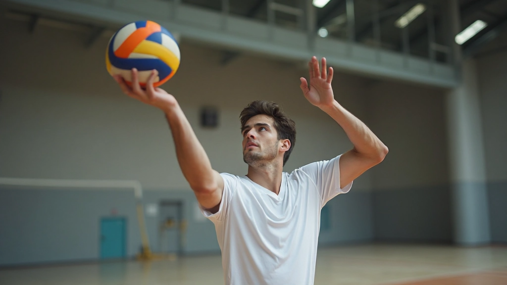 Professional volleyball player demonstrating serving technique in indoor gymnasium