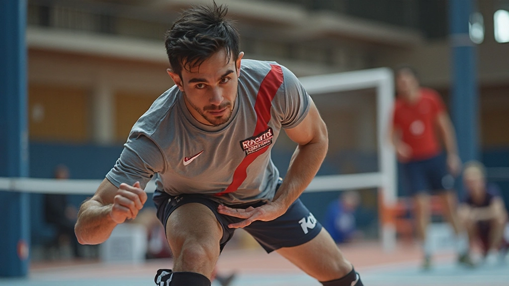 Volleyball player performing defensive dig technique with proper body position and arm mechanics