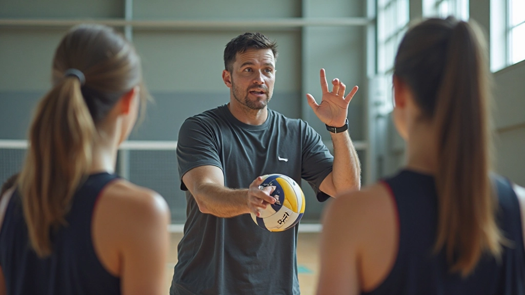 Professional volleyball coach demonstrating serving mechanics to players