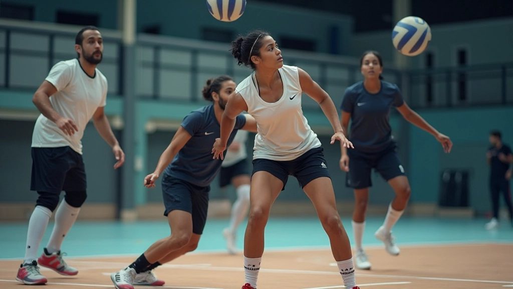 Volleyball player demonstrating proper setting position and footwork at net