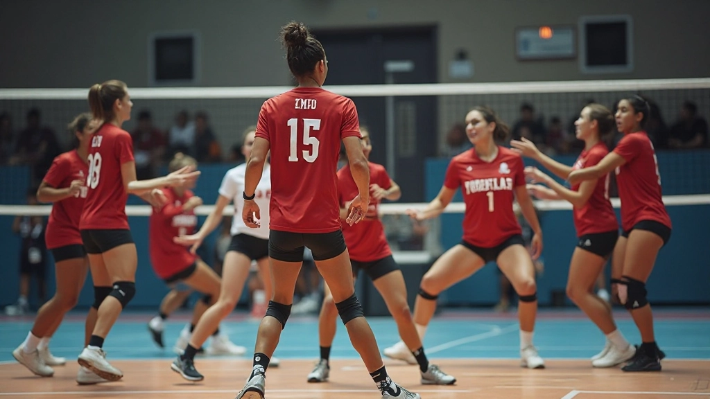 Professional volleyball players executing defensive dig formation in synchronized positions