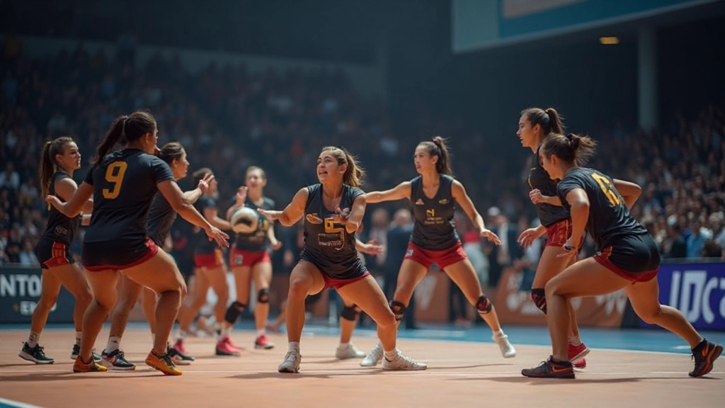 Professional volleyball team executing tactical formation during match play with coordinated player positioning