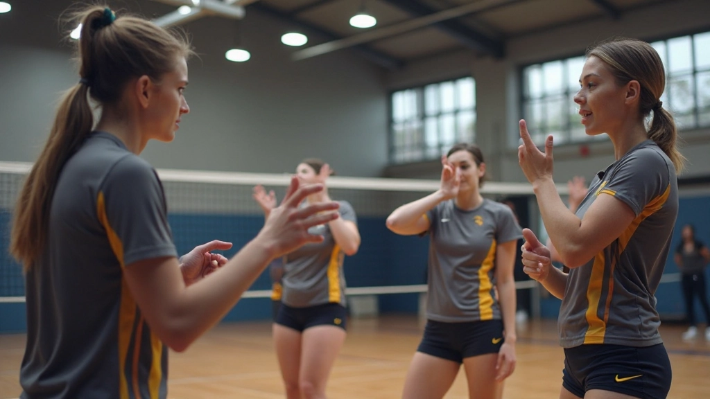 Volleyball team players communicating and coordinating during tactical practice with hand signals and verbal cues